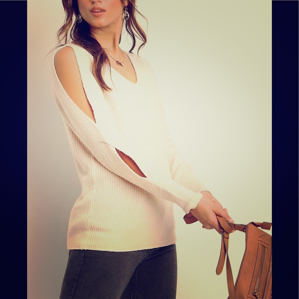 Oatmeal colored open sleeve v neck sweater